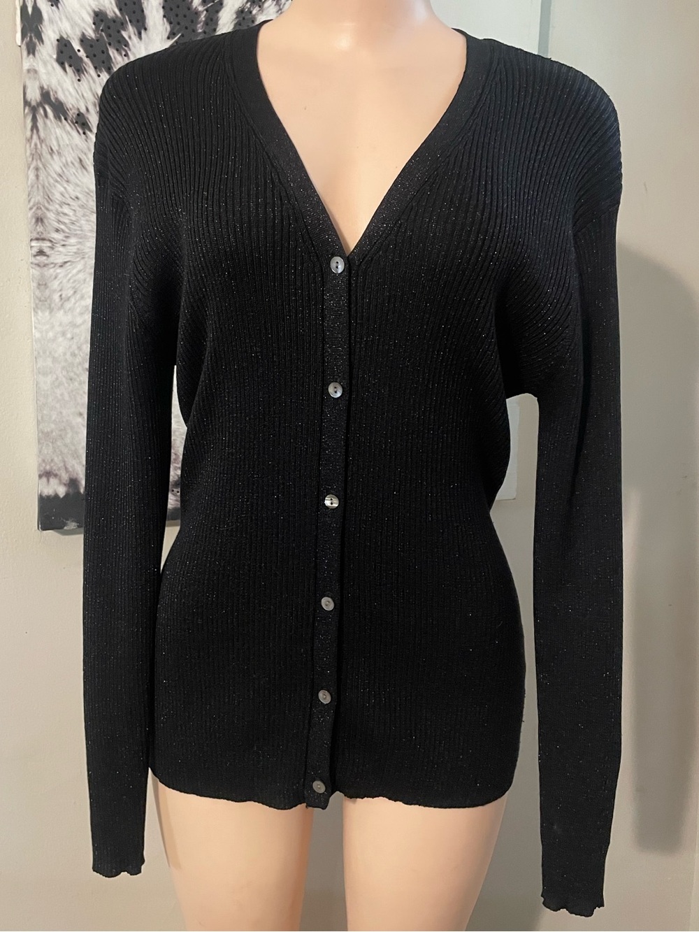 Vintage Carol Little silk blend ribbed neck cardigan XL metallic 80s 90s date